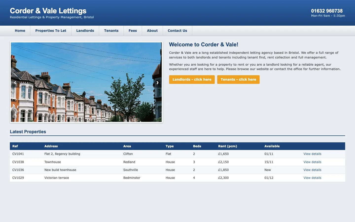 Before: the old Corder & Vale homepage. One page for everyone, with a table of listings that does not fit on a phone.