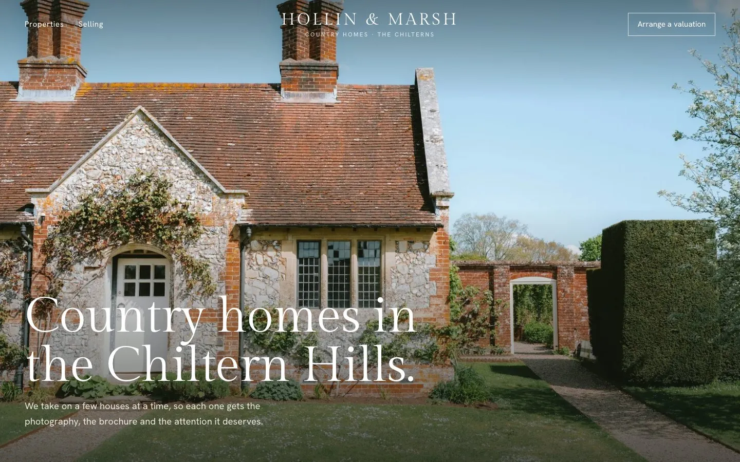 After: the new Hollin & Marsh homepage. The house fills the first screen, and every property gets room, a guide price and a brochure request.