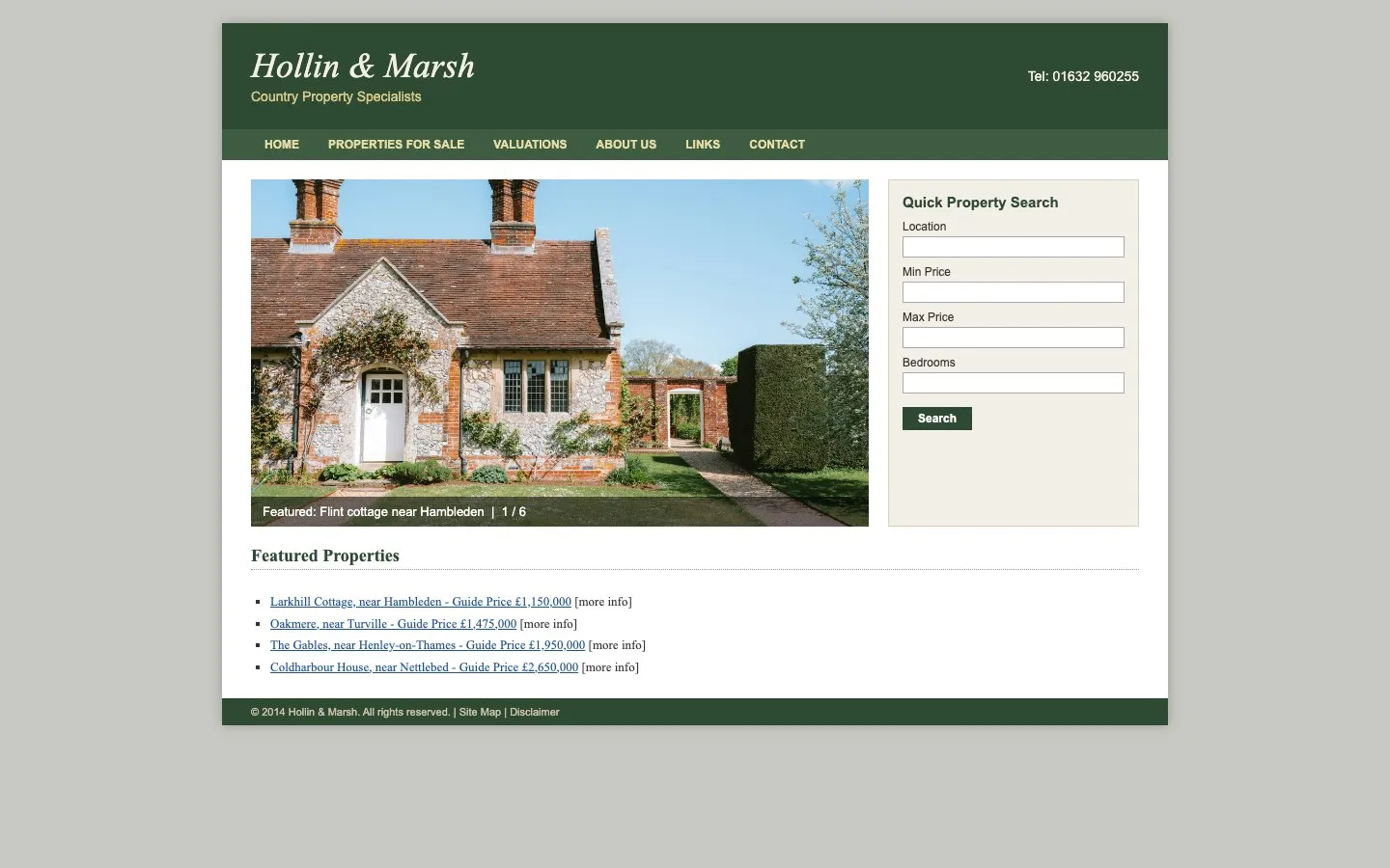 Before: the old Hollin & Marsh homepage. A small slideshow in a fixed-width box, and the houses listed as plain text links.