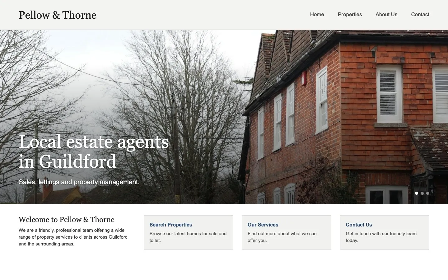 Before: the old Pellow & Thorne homepage. A street photo and the line “Local estate agents in Guildford”. Nothing tells a seller what to do next.